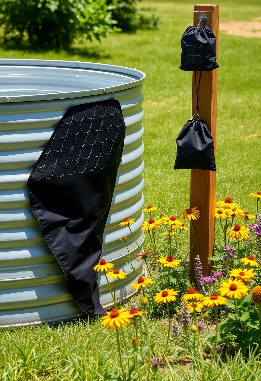 Stock tank pool with a black solar cover partially rolled back, solar shower nearby, and native wildflower plantings on a natural grassy lawn