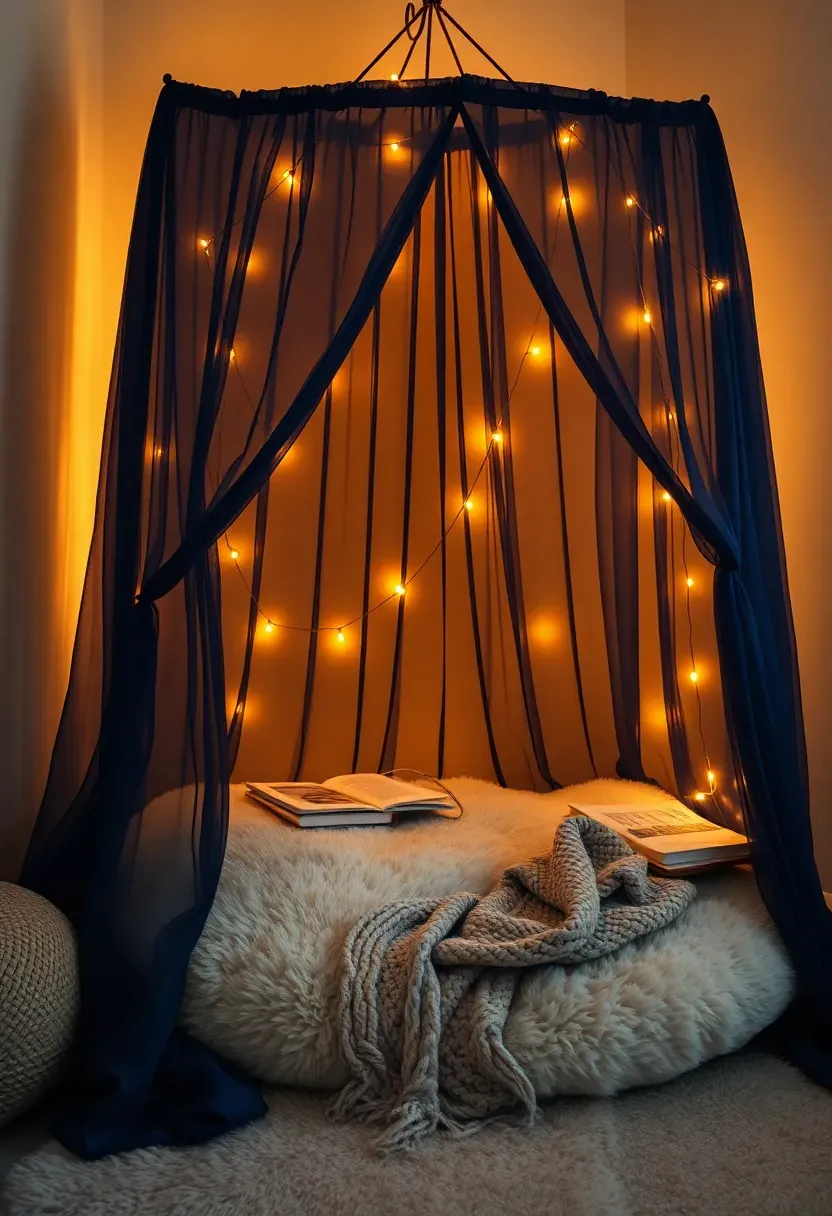 Cozy reading nook with a crescent moon shaped fabric canopy draped from the ceiling over a floor cushion and fairy lights