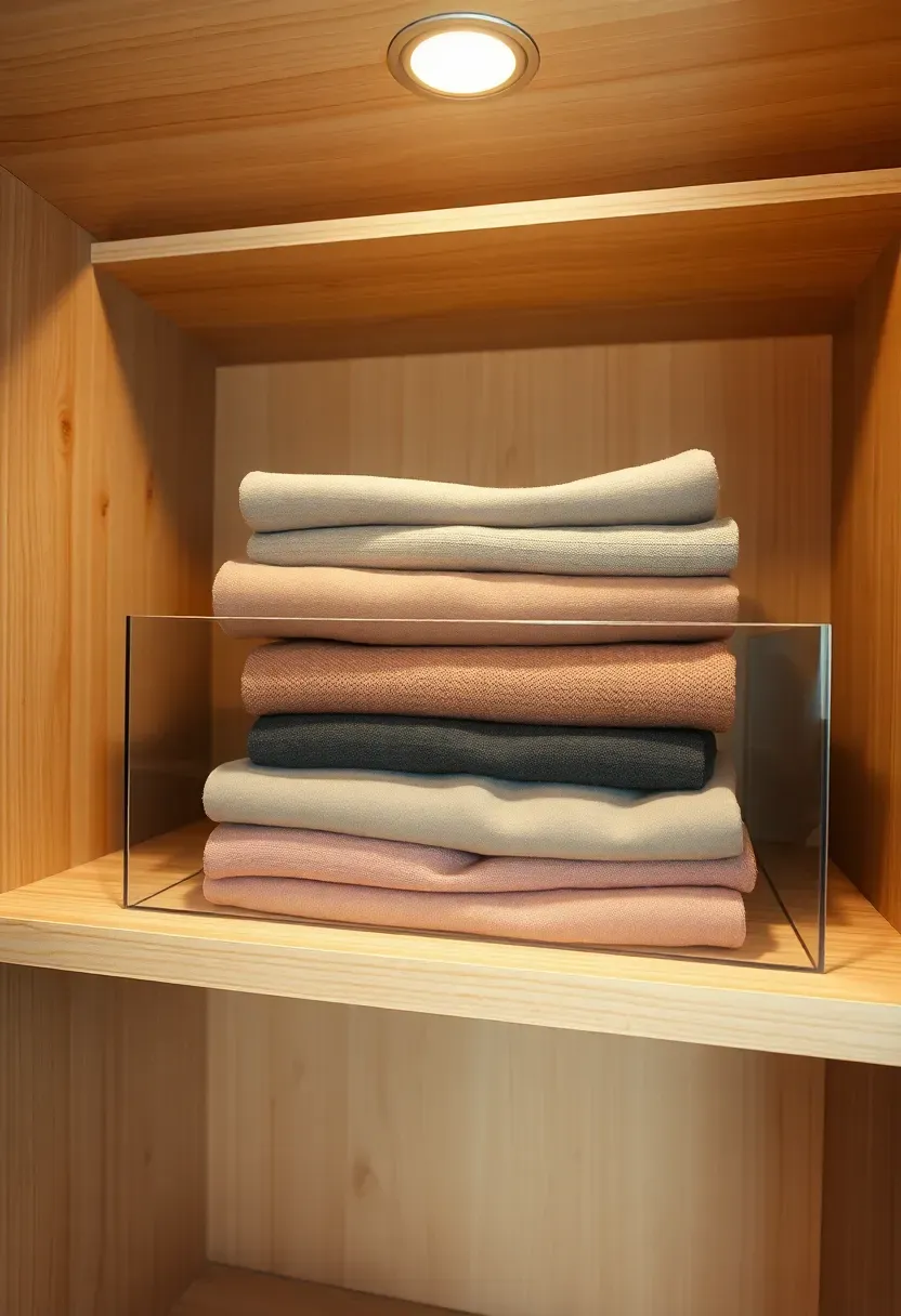 Wooden closet shelf with acrylic shelf dividers separating neat stacks of folded sweaters and t-shirts in neutral tones