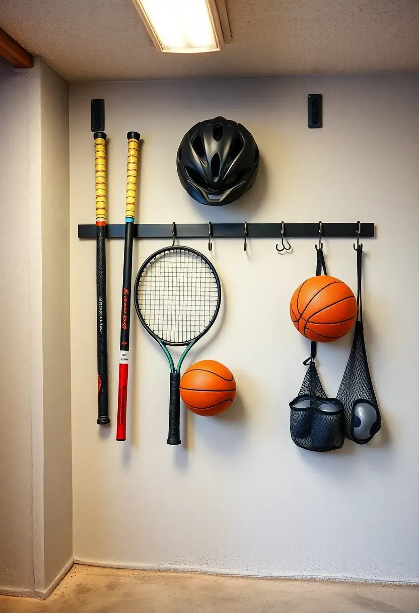 Wall-mounted sports gear rack holding baseball bats, tennis rackets, helmets, and a basketball in an organized basement corner