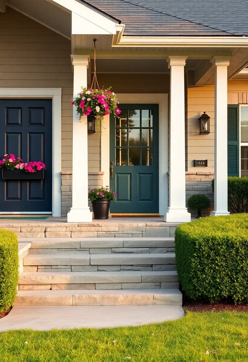 Ranch porch full transformation combining new door, stone columns, window boxes, and landscaping for maximum curb appeal