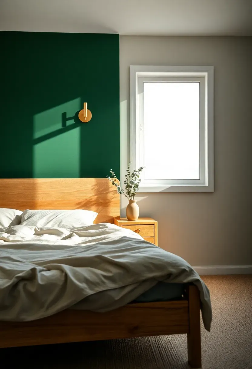 bedroom with deep forest green painted accent wall behind a low bed with linen sheets and warm wood furniture