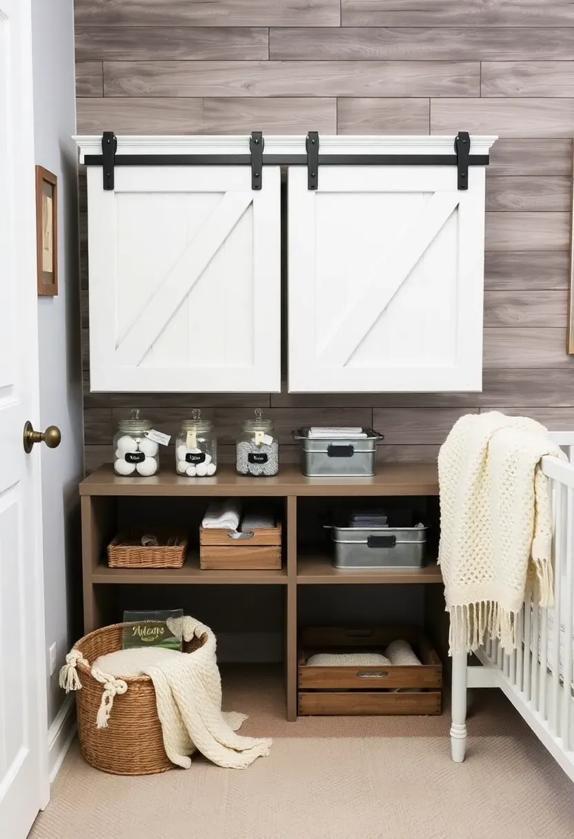 Rustic farmhouse nursery corner with sliding barn door cabinet and weathered wood