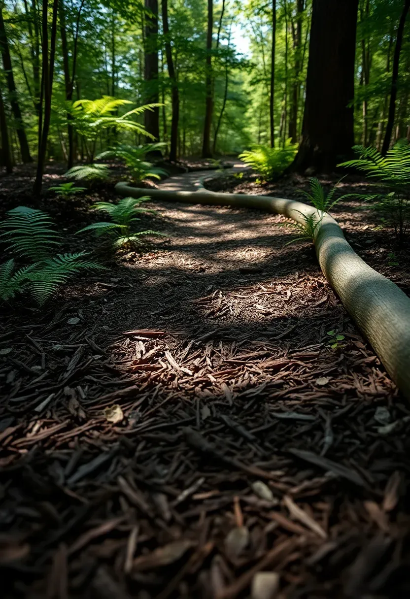 Natural mulch pathway winding through a wooded backyard area with dappled sunlight and native ferns alongside