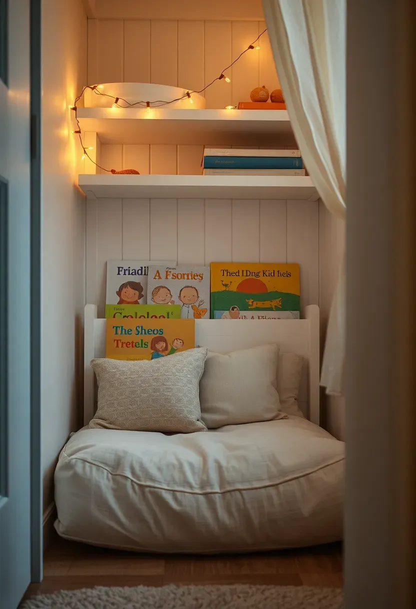 small nursery closet converted into a cozy reading nook with cushions, a small bookshelf, and fairy lights
