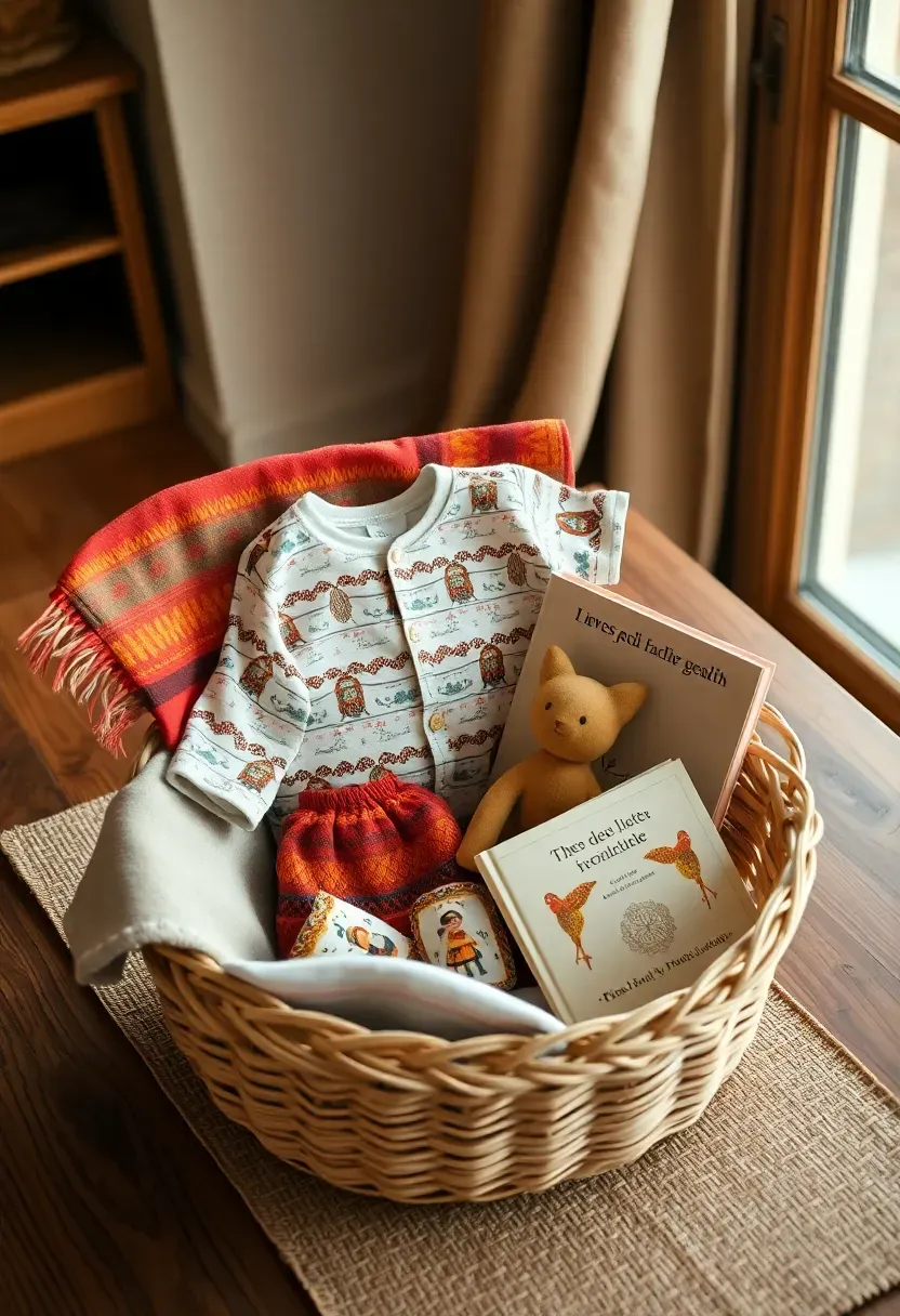 cultural heritage baby basket with traditional handwoven textile patterned clothing a folk art toy and a bilingual children's book
