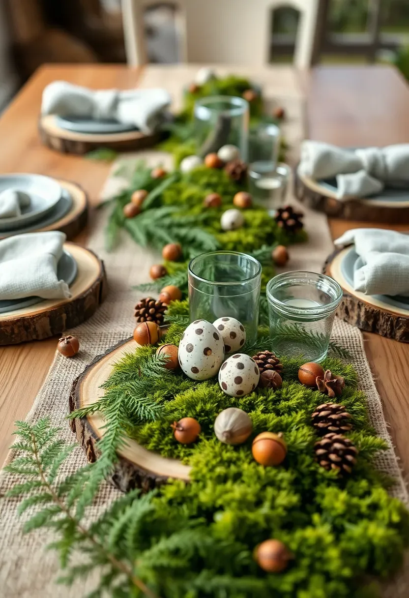 woodland Easter table setting with natural elements ferns pinecones and speckled eggs