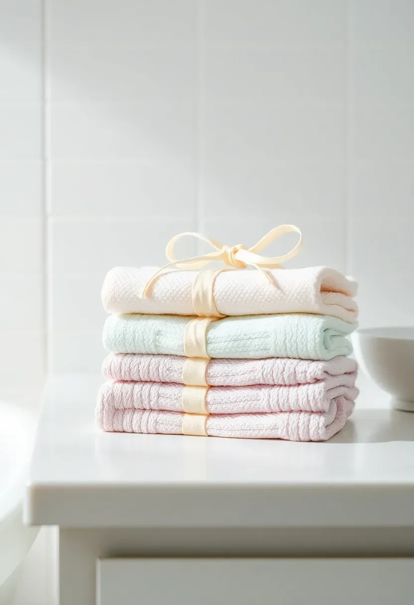 stack of soft bamboo baby washcloths in pastel shades tied with a ribbon on a bathroom counter