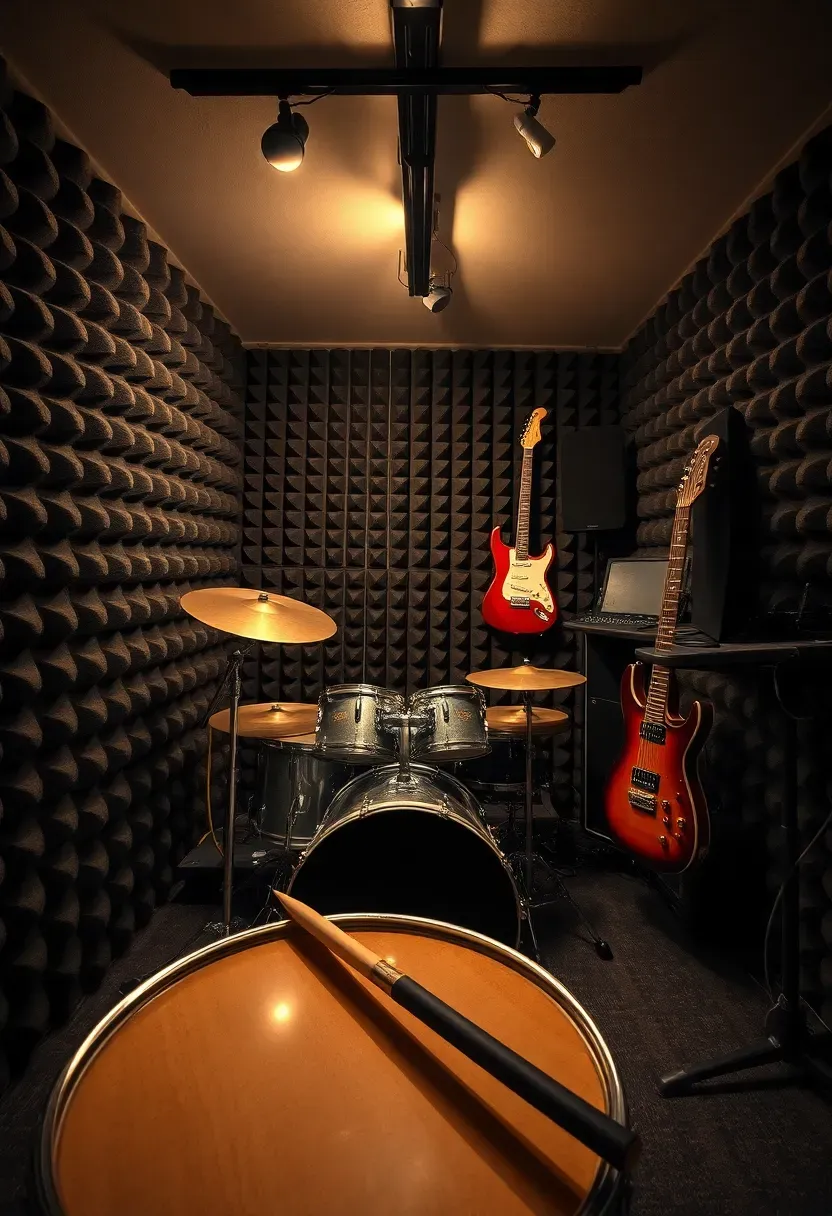 Soundproofed basement music room with acoustic foam panels, a drum kit, guitar wall mounts, and recording equipment