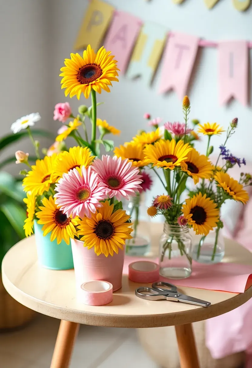 kids birthday flower bar with pastel tin buckets and bright gerbera daisies on a party table
