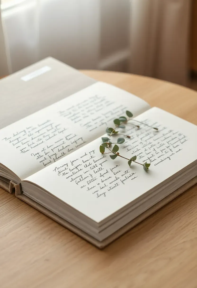 elegant baby shower guest book album with cream linen cover and gold foil lettering open to a page with handwritten messages and dried pressed flowers