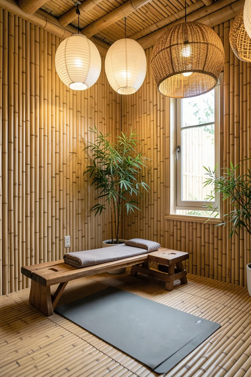 Bamboo-accented zen gym corner with potted plants, warm wood flooring, and soft pendant lighting — natural minimalist yoga and meditation space