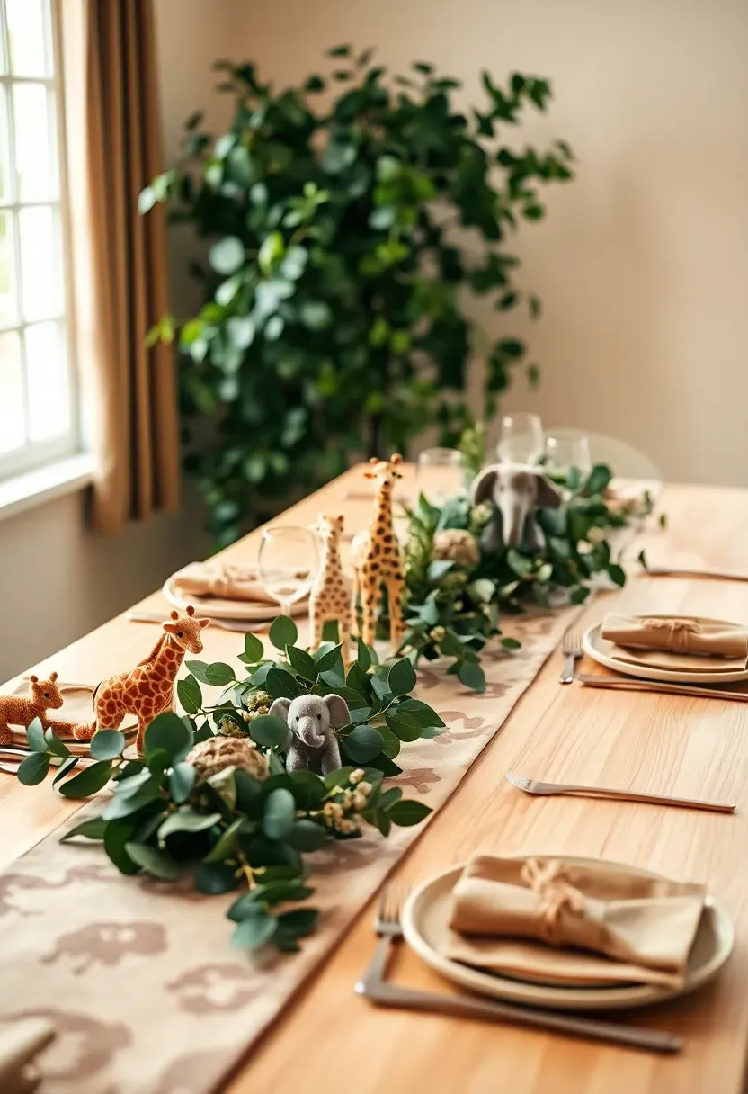safari adventure baby shower with animal print table runner small stuffed giraffe and elephant toys greenery garlands and kraft paper place settings