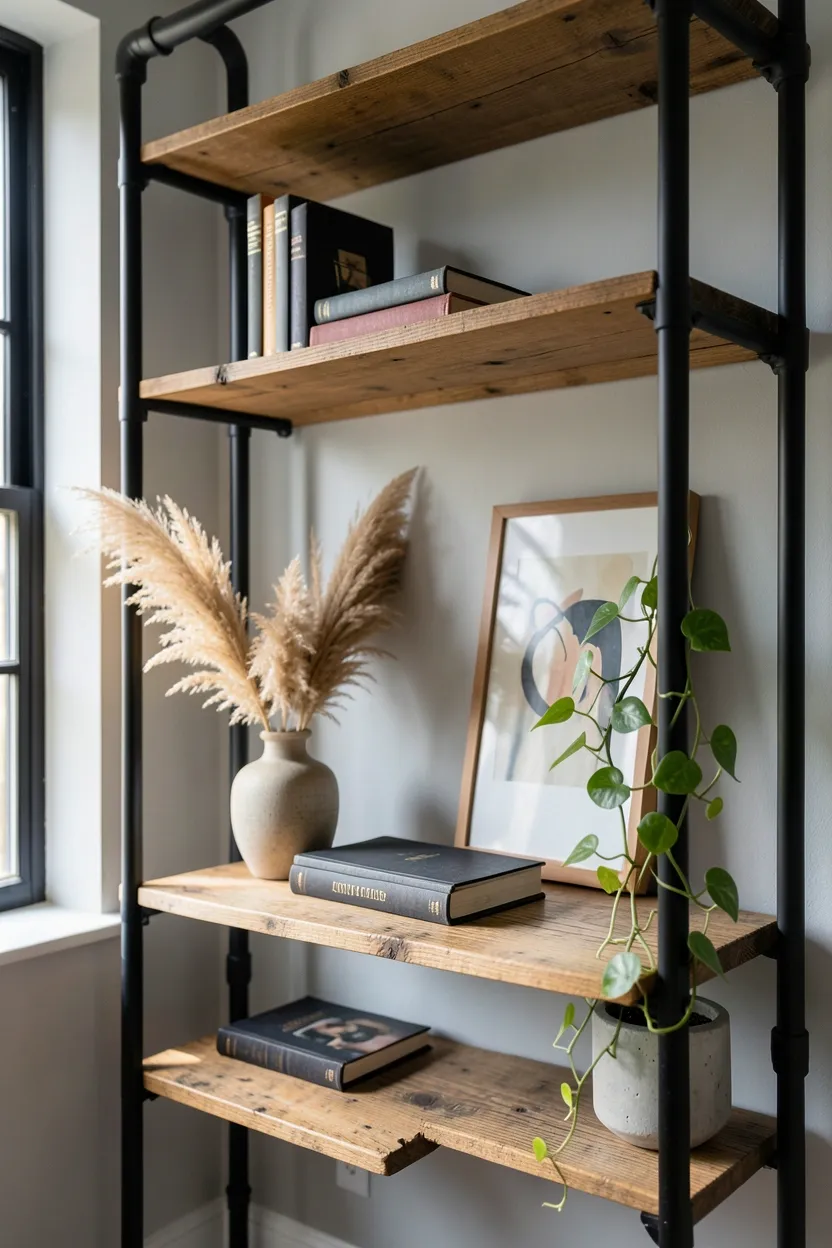 Low-profile gray linen sofa with exposed matte black metal legs in an industrial minimalist living room with polished concrete floors and neutral walls