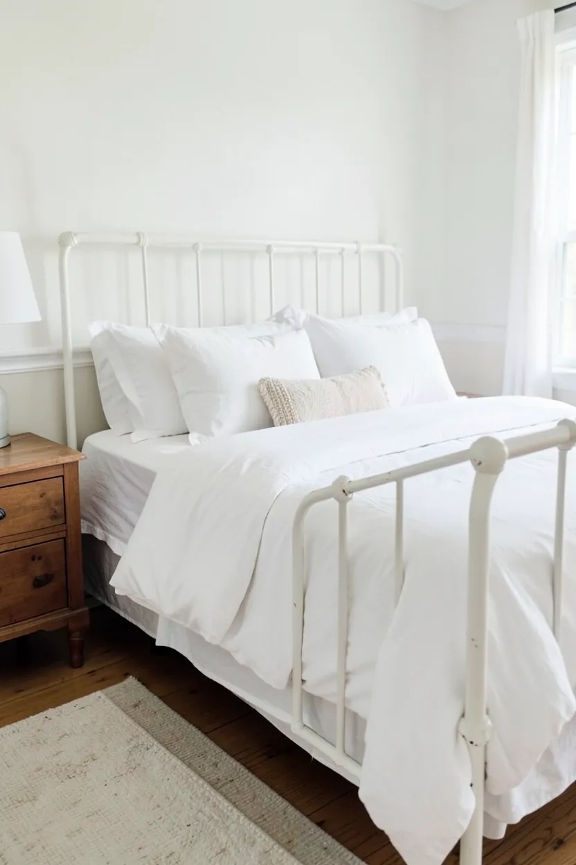 White painted vintage metal bed frame with scrollwork headboard and footboard layered with cream cotton bedding in a farmhouse bedroom