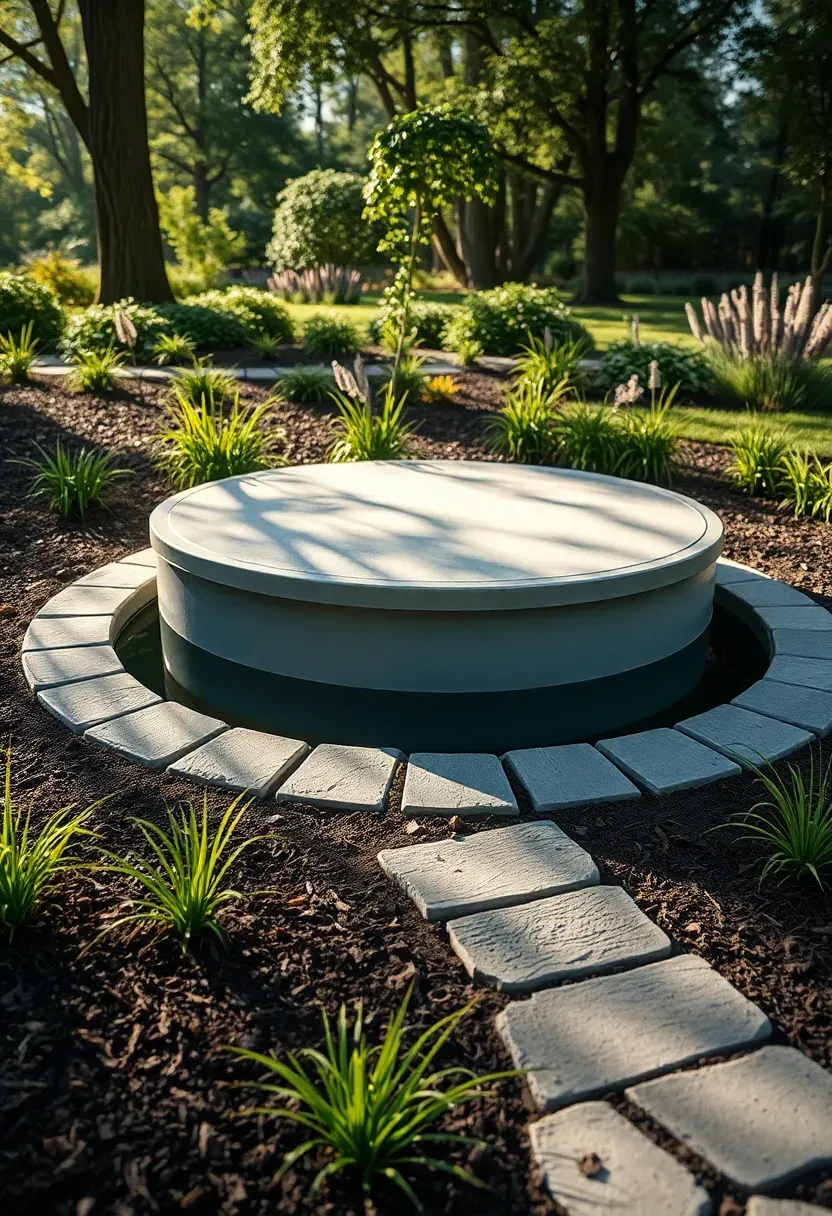 Stock tank pool sunk into the ground at flush level with a stone paver border and lush garden beds surrounding it