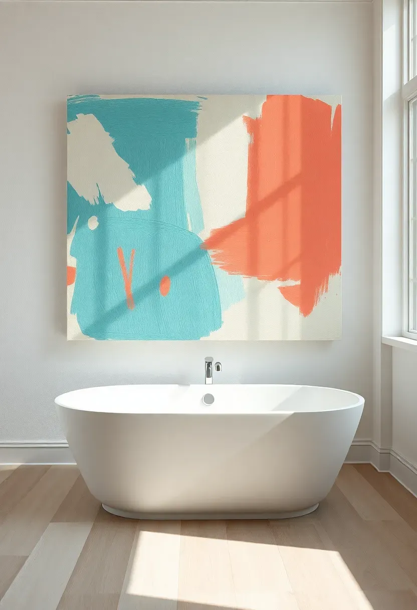 Large colorful abstract canvas print rated for outdoor use hanging above a soaking tub in a bright airy bathroom