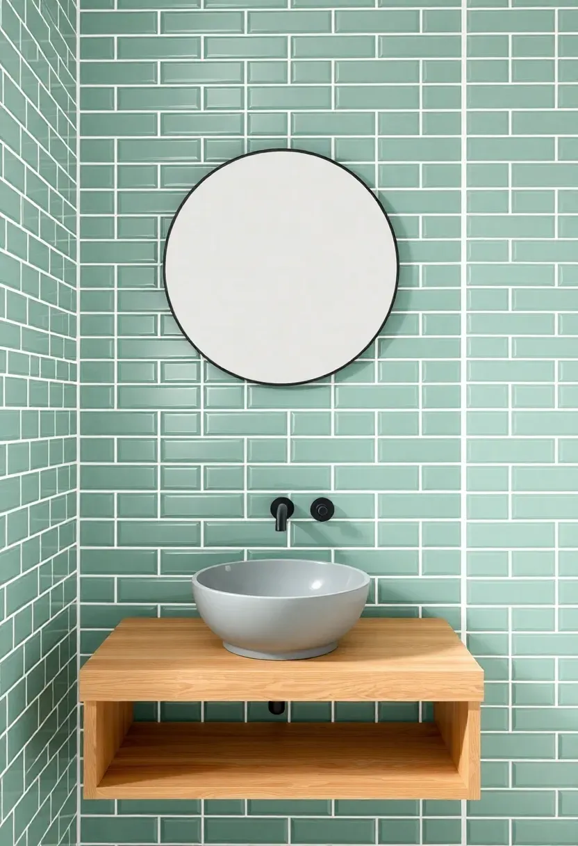 Kitchen-style bathroom with jade green subway tiles, white grout, floating wood vanity, and matte black faucet