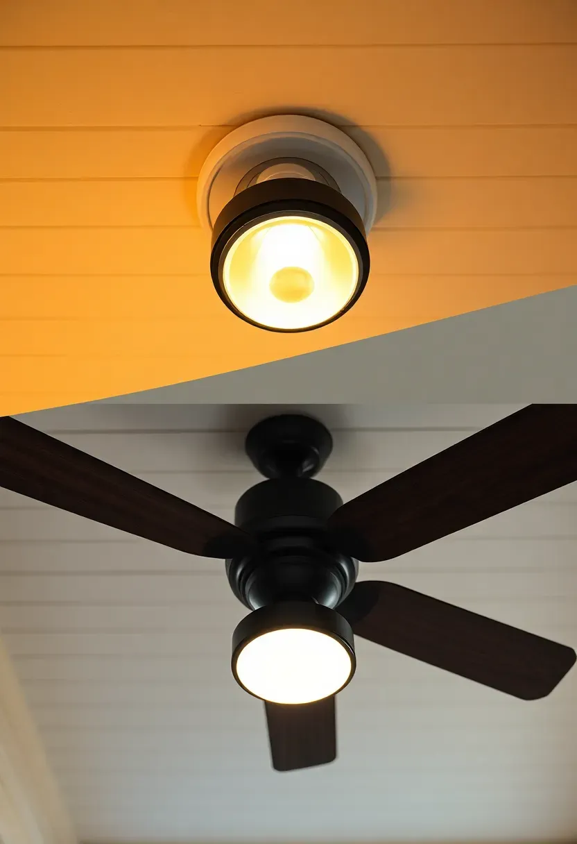 Before showing a ranch porch with a single dome light and after showing a modern outdoor ceiling fan with integrated LED light in matte black