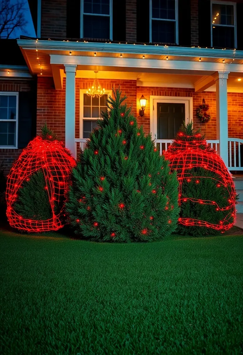Hyper-realistic front view of a residential home foundation featuring three large evergreen shrubs covered in red net lights creating uniform glowing mounds against the house base, with warm white roofline lights above for contrast. Materials: boxed evergreen shrubs, brick facade, white trim windows, concrete porch with railing, manicured lawn. Natural evening darkness with red net lights creating solid blocks of festive color at foundation level, warm white lights above for visual balance, cool blue ambient sky. Vibrant traditional mood like classic suburban holiday display. Shallow depth of field, sharp details on nearest shrub netting, layered composition with visible house context, soft shadows, no text or watermarks.</p>