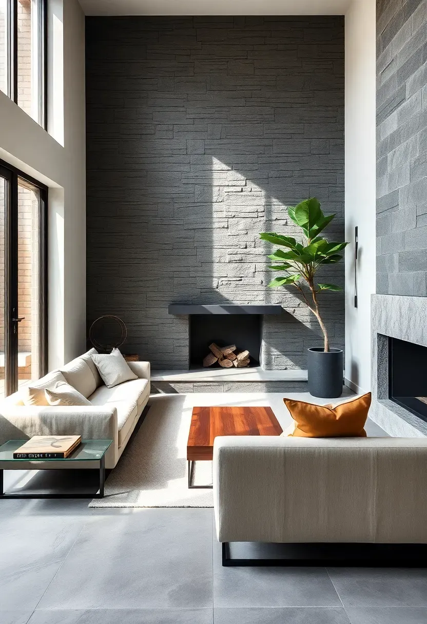 Hyper-realistic 3/4 view of a modern living room with slate stone feature wall in charcoal gray tones, smooth concrete floors, cream linen sofa, low walnut coffee table, black metal fireplace with stone surround, single large fiddle leaf fig tree in corner. Materials: natural slate stone tile with subtle variation, polished concrete, cream linen upholstery, walnut wood, matte black metal, live plant. Soft natural light from window grazing across stone texture creating shadow depth, organic modern mood with architectural contrast. Composition emphasizing stone wall as backdrop to seating area. Sharp details on stone surface texture and grain. No text, no logos, no watermarks.</p>