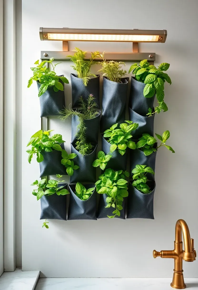 Vertical herb garden mounted on a small kitchen wall with modular planter pockets holding basil, rosemary, thyme, and mint in a bright sunlit space