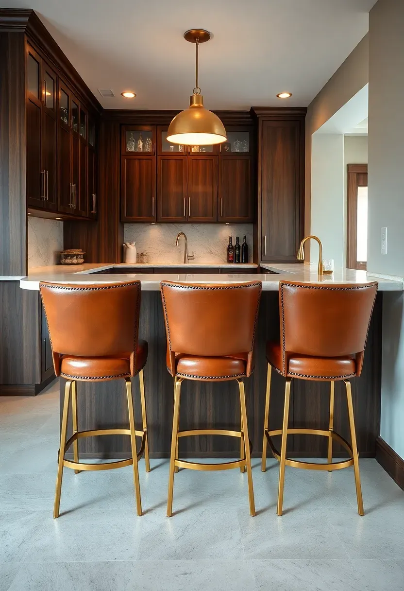 basement wet bar peninsula extending into the room with three leather bar stools on the outer side and prep sink on the bartender side