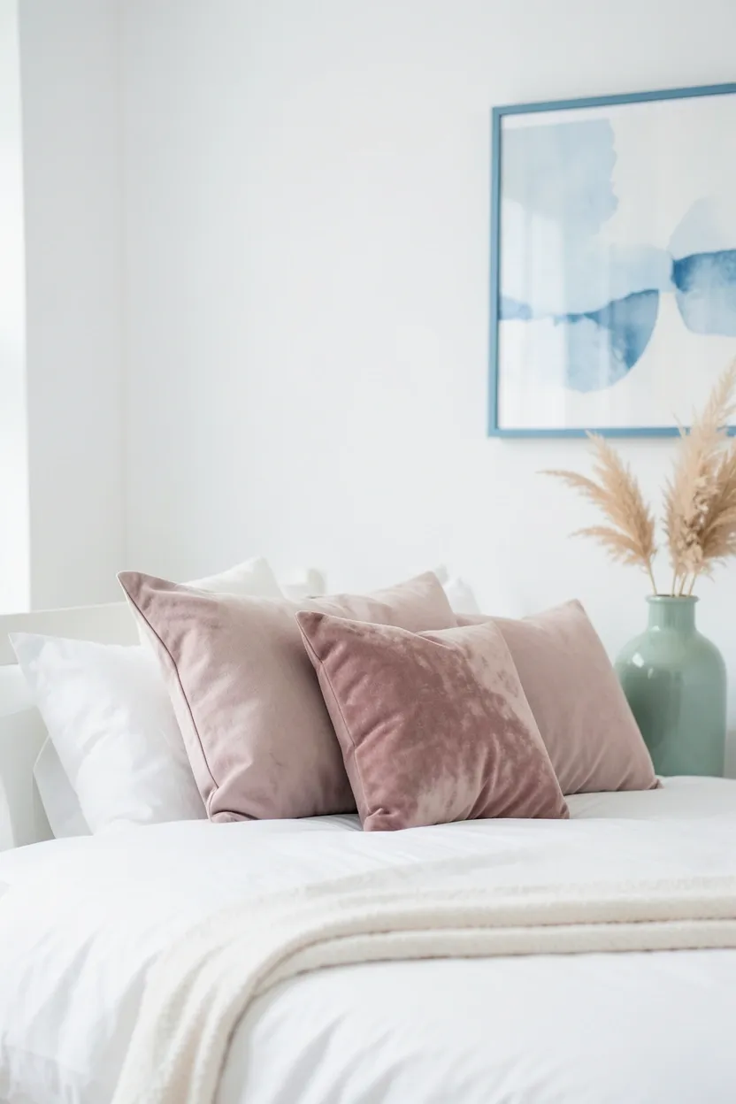 Soft white bedroom with dusty rose and sage green accent pillows, white walls, and neutral linen bedding — renter-friendly pastel bedroom accents