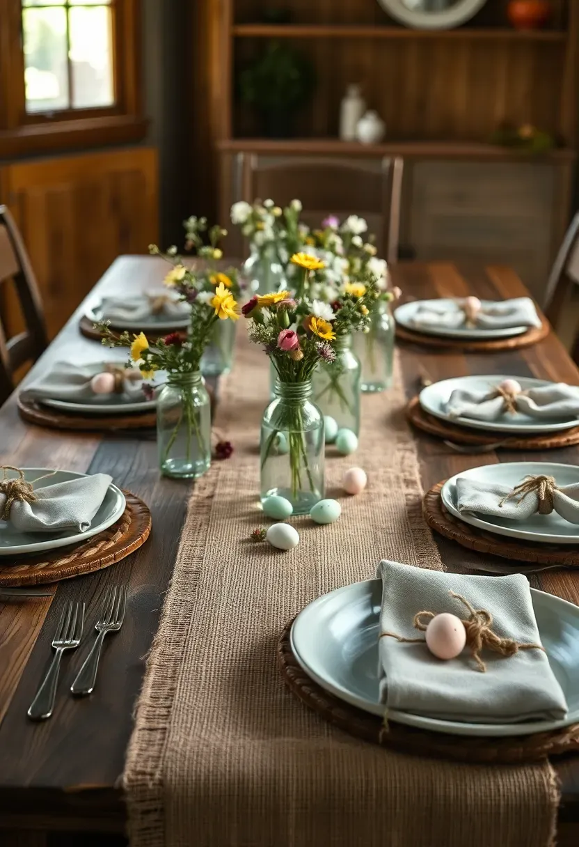 rustic farmhouse Easter table setting with wooden chargers burlap runner and mason jars