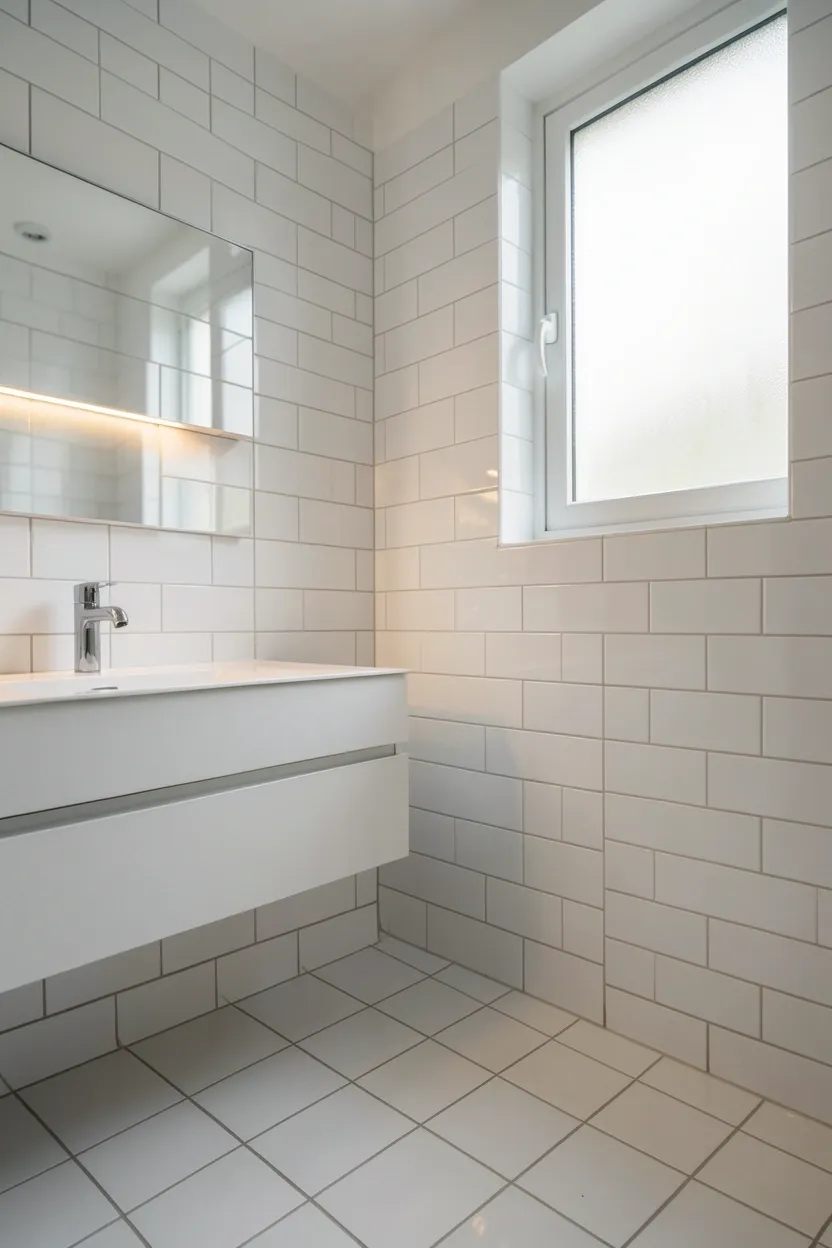 Glossy white large-format tiles on bathroom walls and floor reflecting light to brighten a small space