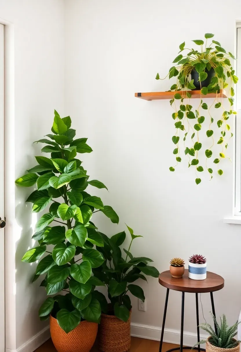 Bright corner of a room with plants at varying heights including a tall fiddle leaf fig, trailing pothos on a shelf, and small succulents on a side table