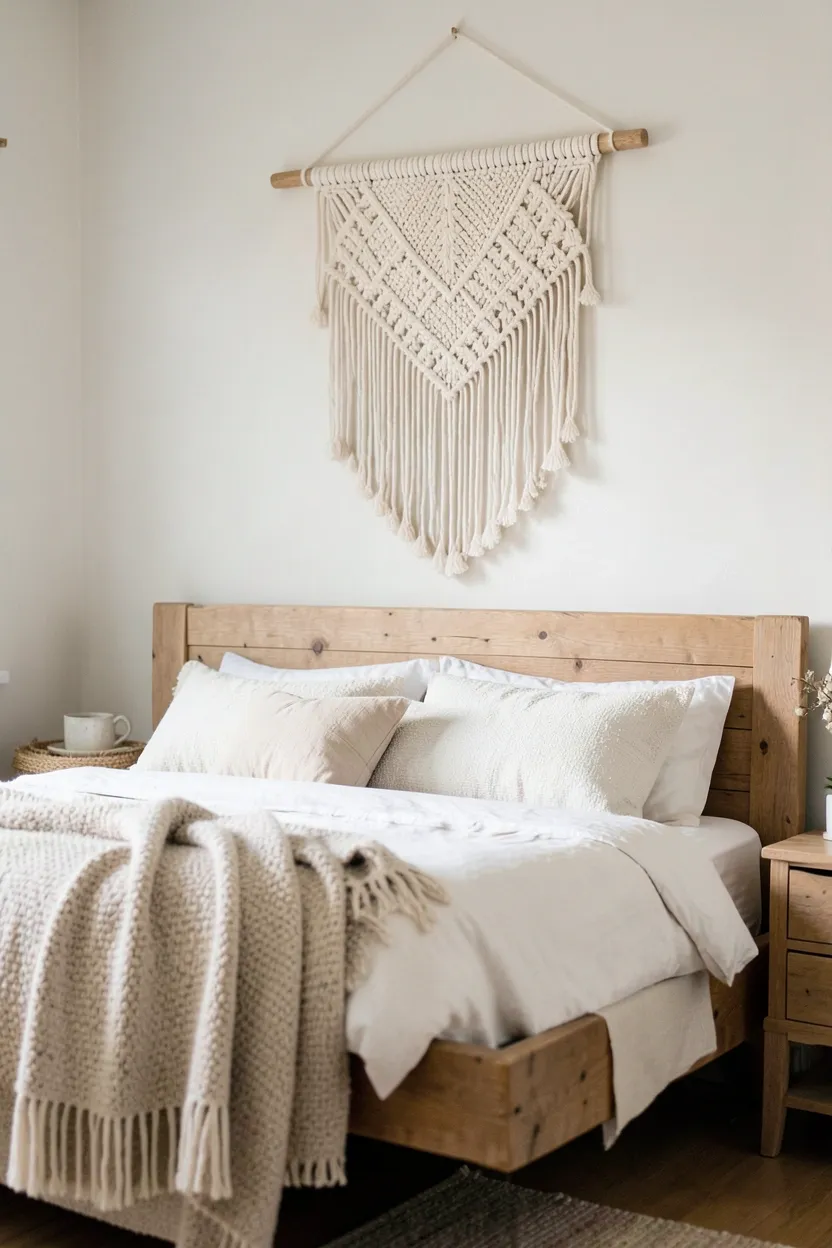 Large natural cotton macrame wall hanging above a bed with cream linen pillows in a scandinavian farmhouse bedroom