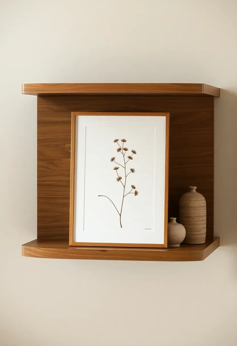 Small framed botanical print leaning casually against the back wall of a floating shelf — propped at a slight angle, a ceramic vessel beside it, soft daylight from nearby window, 2:3 portrait