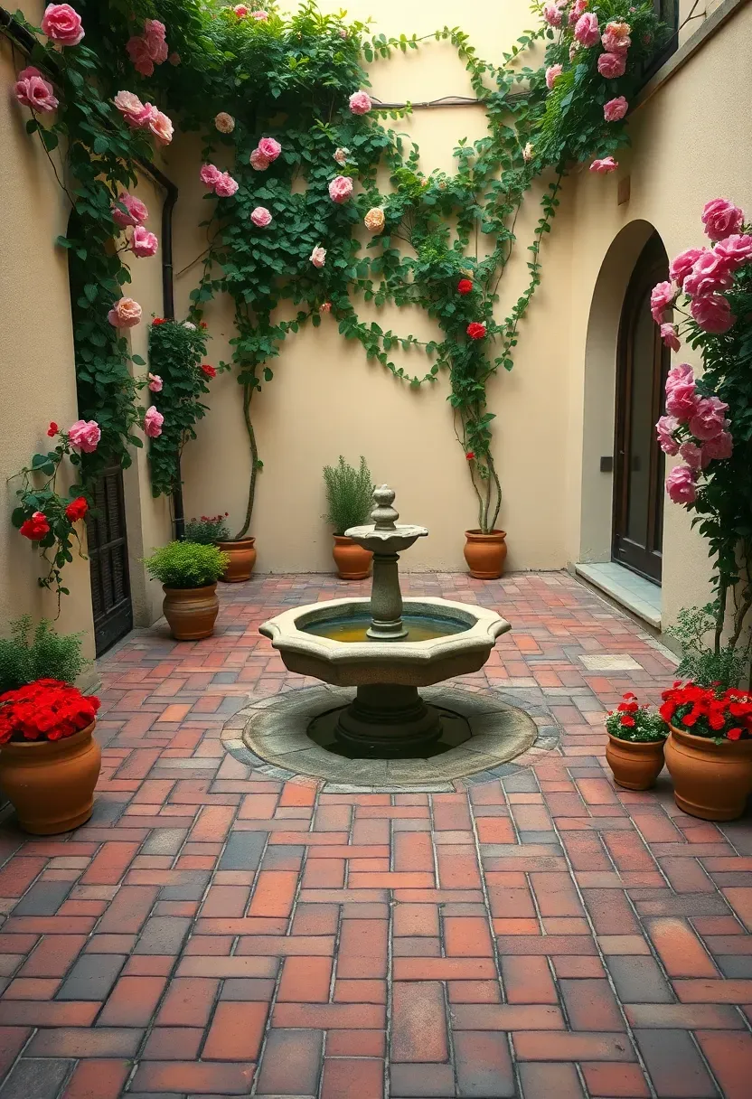 An enclosed brick courtyard with herringbone pattern brick paving, a central round fountain, terracotta pots with geraniums, and climbing roses on the surrounding walls