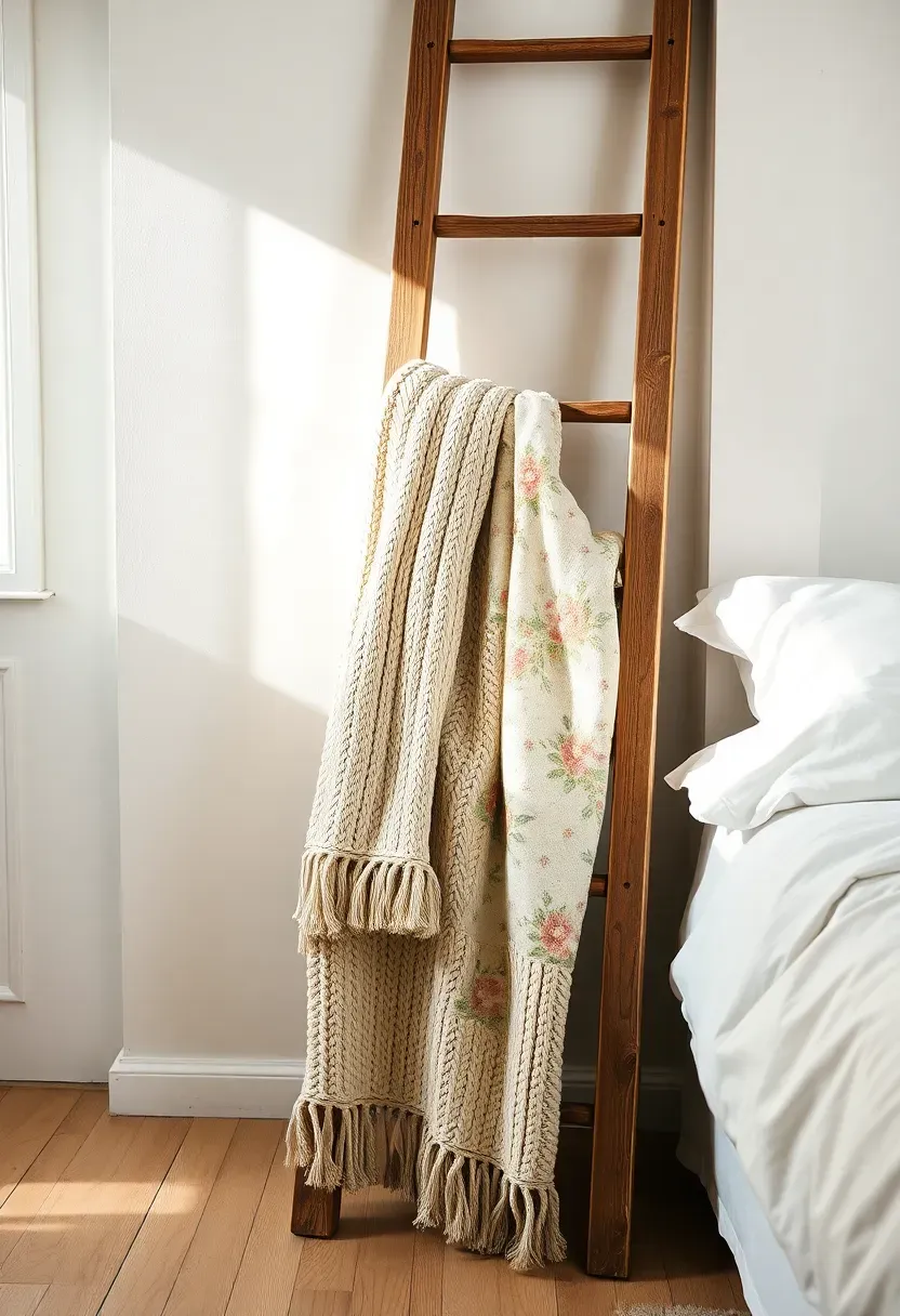 Rustic vintage blanket ladder in weathered natural wood leaning against a white wall with quilts and throws draped over rungs