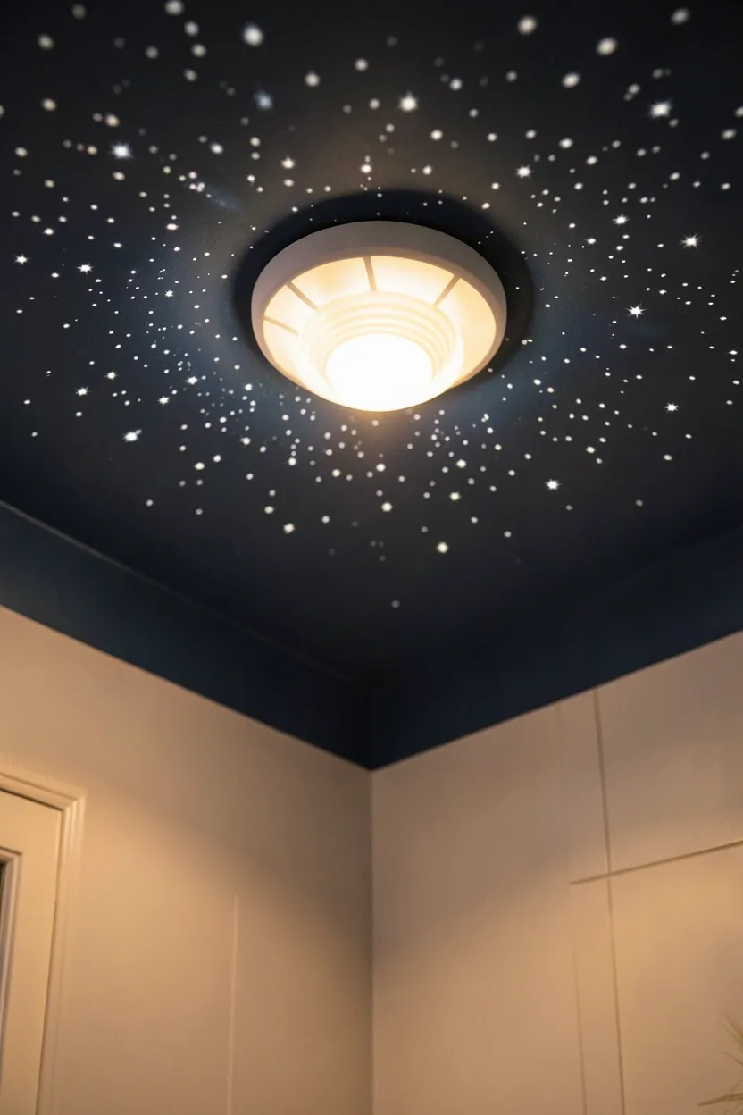 Ceiling light fixture projecting glowing star pattern onto a dark blue bathroom ceiling for a magical nighttime atmosphere