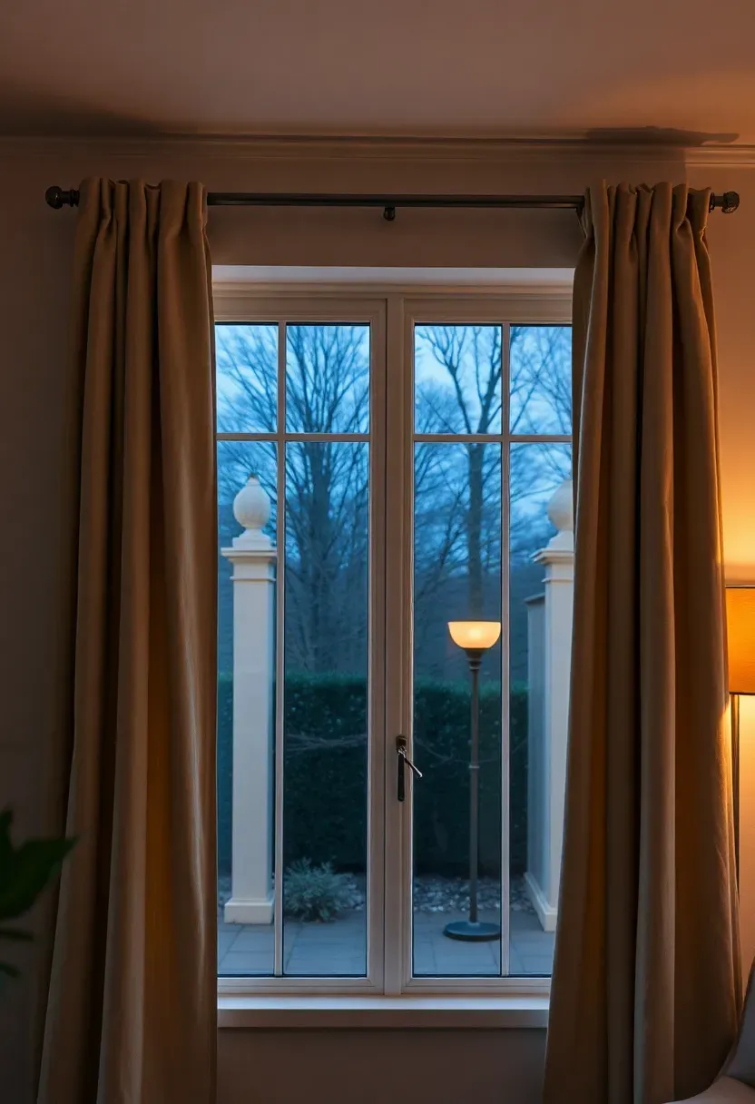 Floor-to-ceiling thermal curtain panels on ceiling track in a sunroom, deep linen tones, evening light filtering softly
