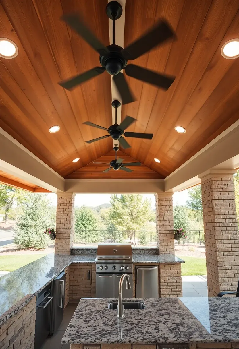 Hyper-realistic 3/4 view of a covered outdoor kitchen with a solid roof, two ceiling fans spinning above, featuring L-shaped granite countertop with built-in gas grill, sink, and recessed ceiling lights. Materials: granite countertop, stainless steel appliances, tongue-and-groove wood ceiling, stone columns. Bright even daylight through open sides, warm wood and neutral stone tones. Protected outdoor room mood, shallow depth of field with sharp focus on countertop and ceiling fans, surrounding landscape visible through openings. No text, no logos, no watermarks.</p>