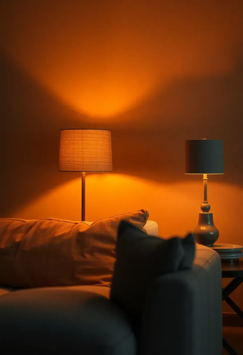 living room at dusk with warm floor lamp glow, dimmed pendant light, and accent shelf lighting creating layered atmosphere