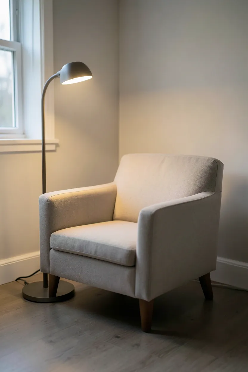 Compact neutral wingback armchair with a matte black adjustable floor lamp in a quiet bedroom corner — simple two-piece minimalist reading nook for apartments