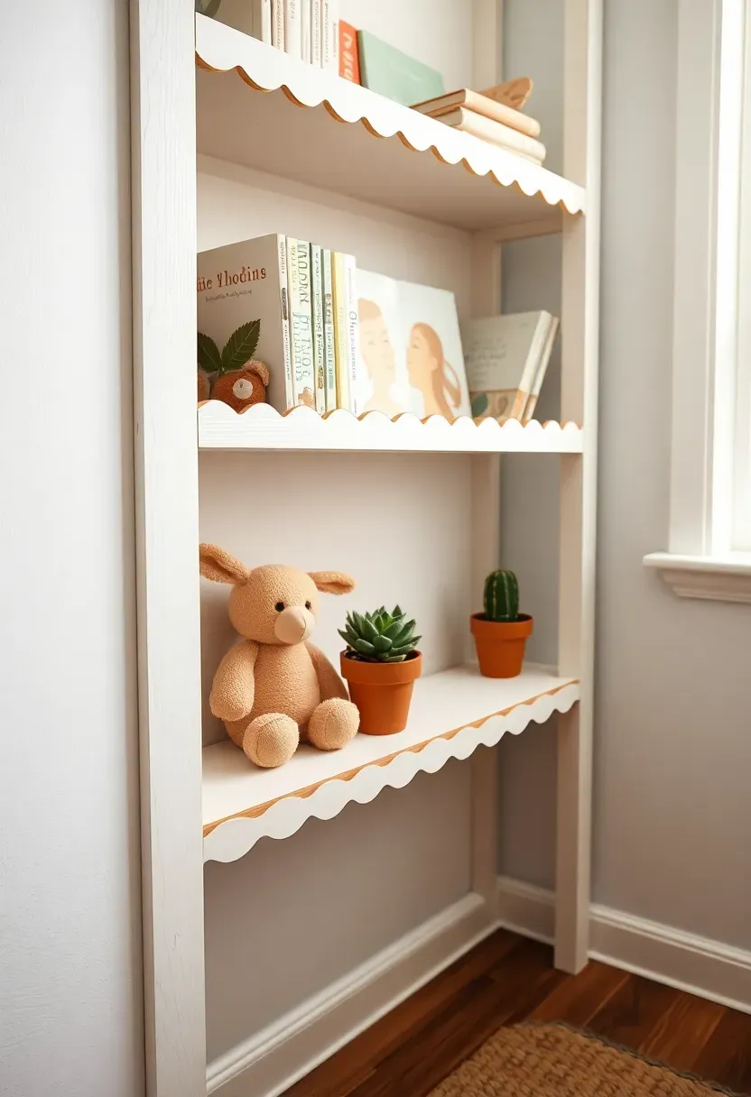 shabby chic bookshelf with scalloped trim edges in white displaying children books and stuffed animals