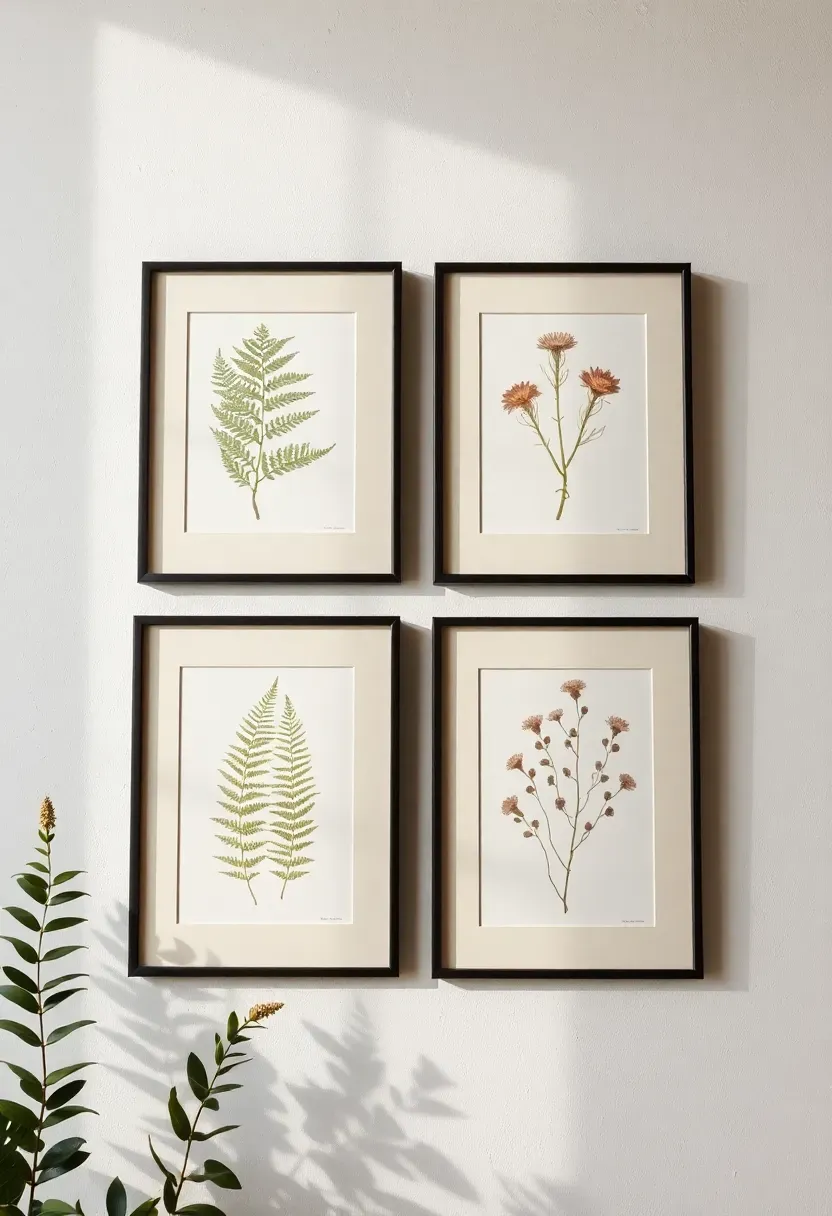 Grid of vintage botanical illustration prints in slim black frames on a white plaster wall