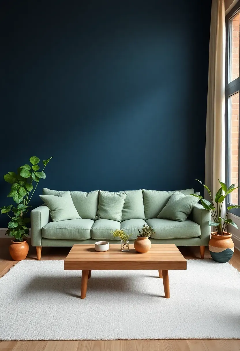 Hyper-realistic wide shot of minimalist living room with navy blue walls, sage green sofa, sage green plants with varied leaves, light oak coffee table, white rug. Materials: matte navy blue paint, sage green linen sofa, green plants in ceramic pots, light oak wood, cream wool rug. Soft natural daylight, beautiful color harmony between navy walls, sage sofa, and green plants, organic and sophisticated atmosphere. Sharp details on plant textures and wood grain, clean composition, no clutter, no text, no watermarks.</p>