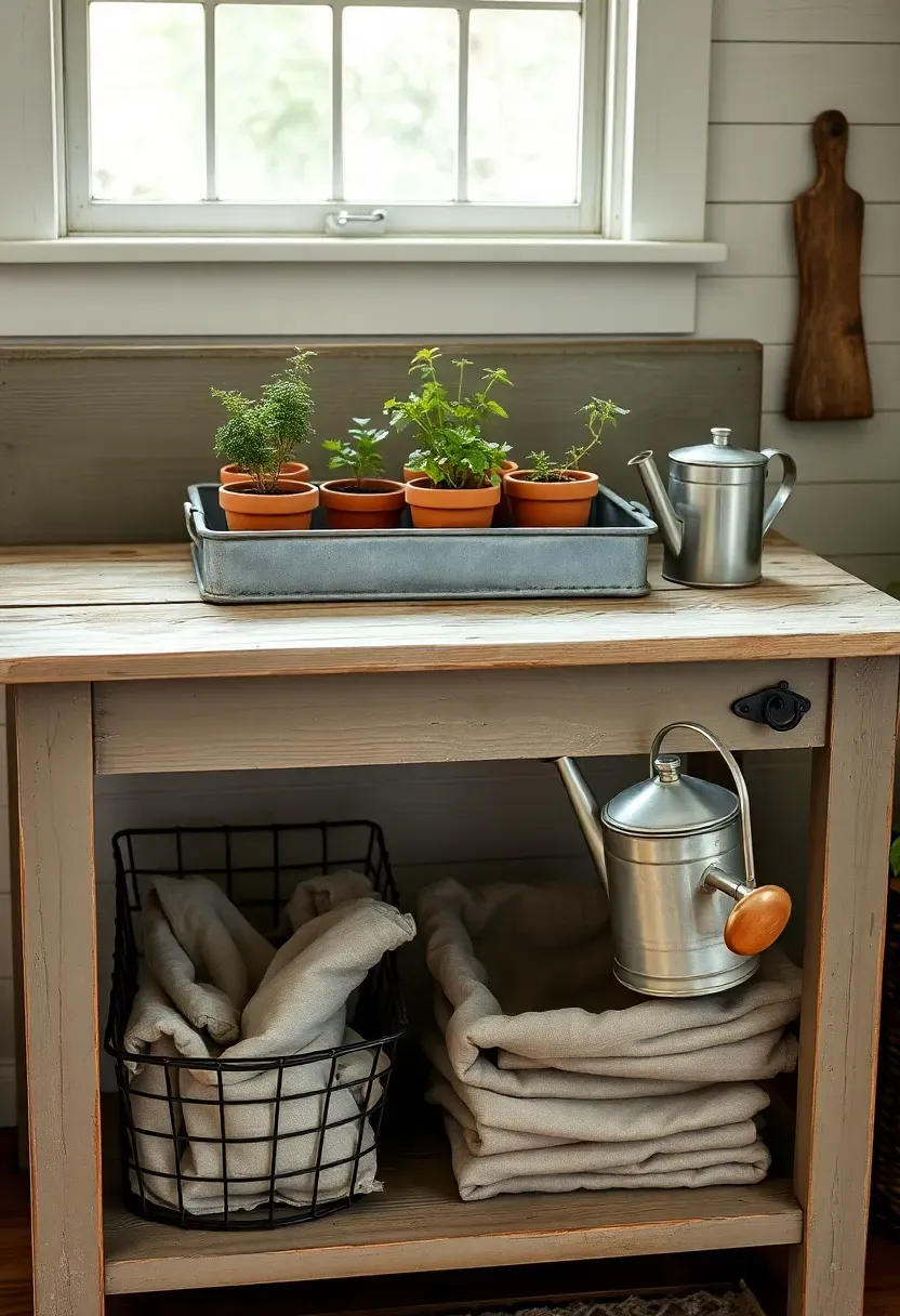 Vintage wooden potting bench repurposed as a farmhouse sunroom sideboard with wire baskets, terracotta pots, and a small galvanized watering can