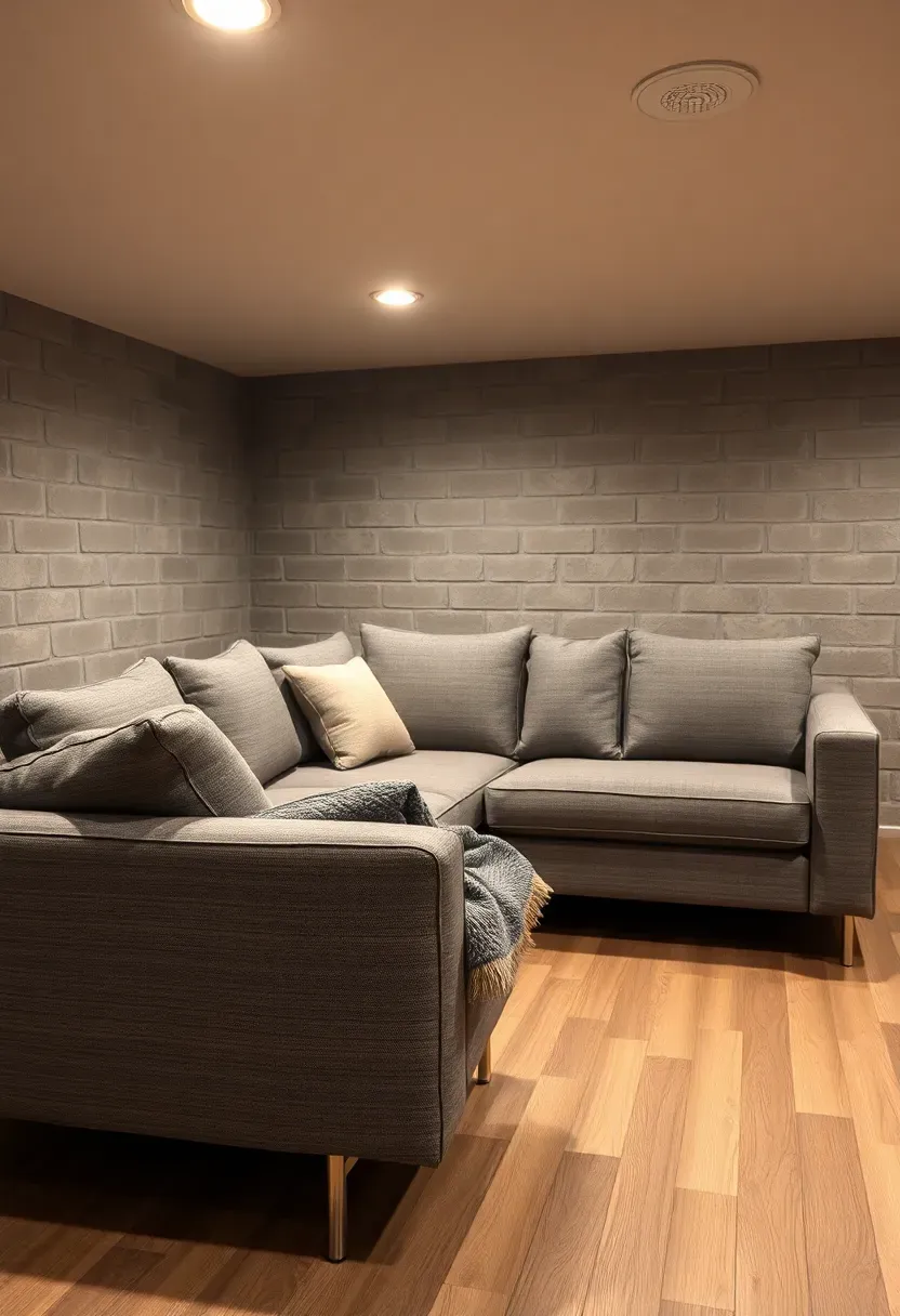 Low-profile modular sectional sofa in a basement with gray upholstery and low ceiling height
