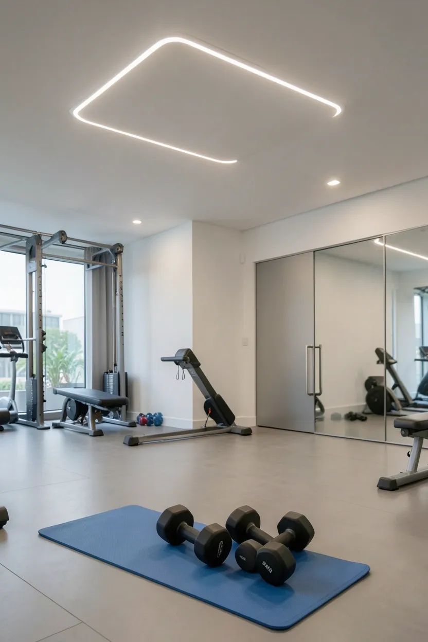 Minimal home gym with dimmable daylight LED lighting at 4000K — bright but non-glaring overhead light for focused workouts in a small room