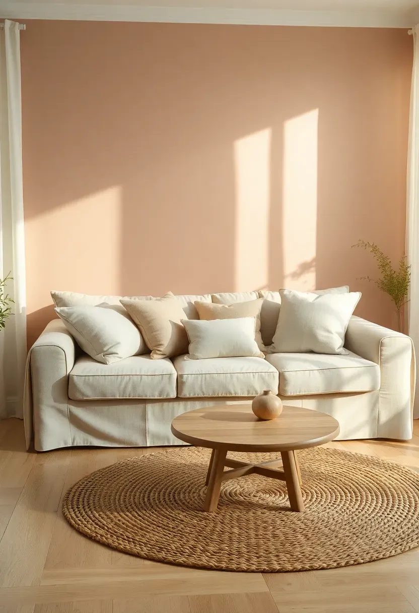 cozy living room with creamy mushroom accent wall behind a beige linen sofa with layered neutral throw pillows