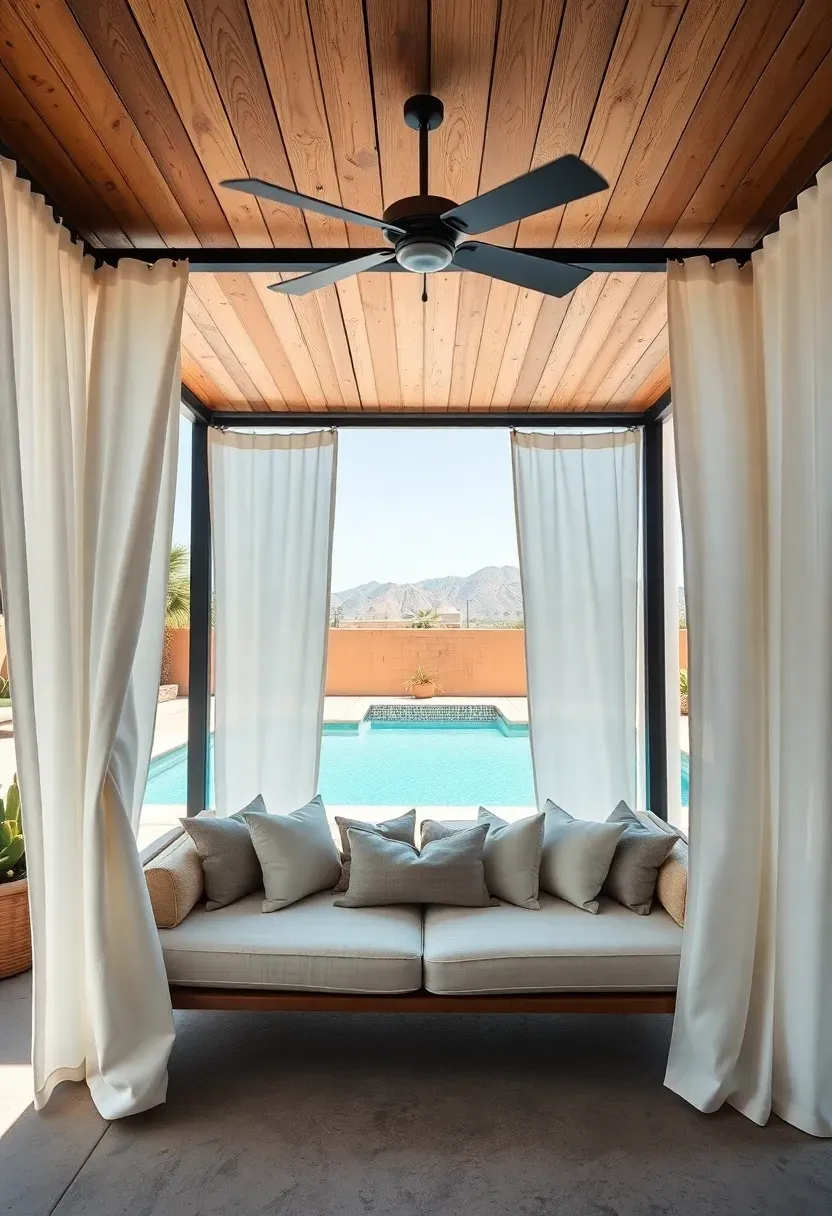 Resort-style pool cabana with white linen curtains, daybed, ceiling fan, and views of a geometric pool and desert mountains in a luxury Arizona backyard