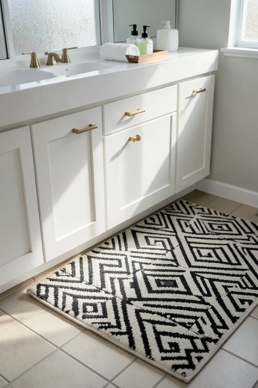 Patterned Moroccan-style bath rug in warm terracotta tones under vanity in a rental apartment bathroom