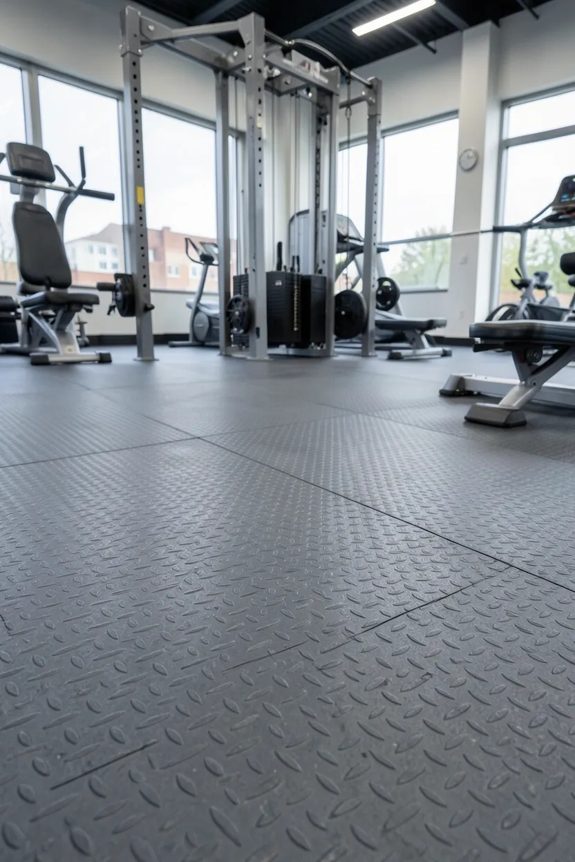 Diamond-plate patterned rubber flooring rolls covering a home gym floor in charcoal gray and black
